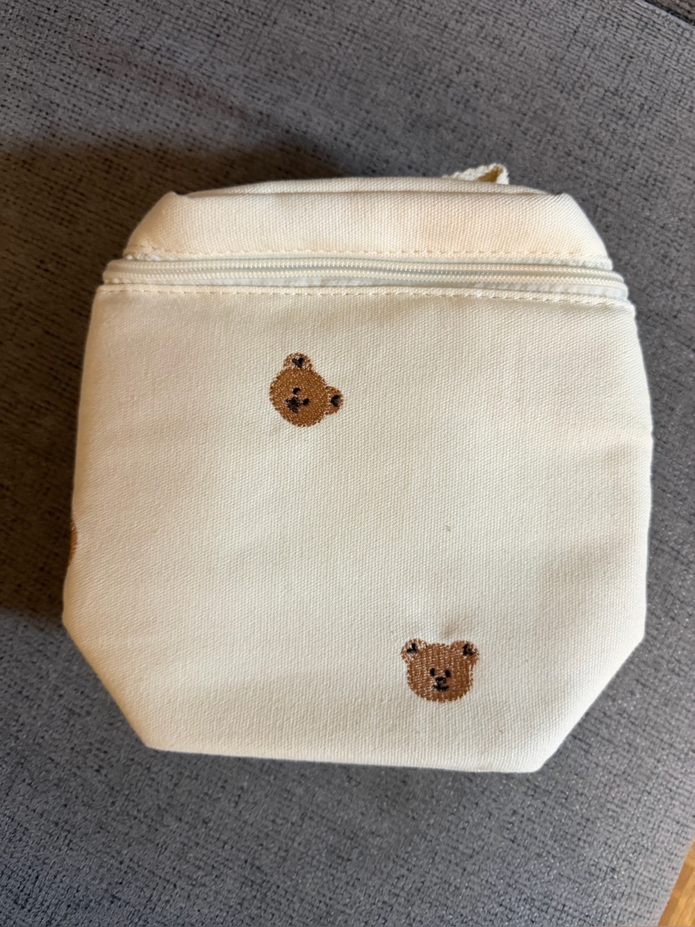 Kids Cream Bear Embroidered Zip Pouch